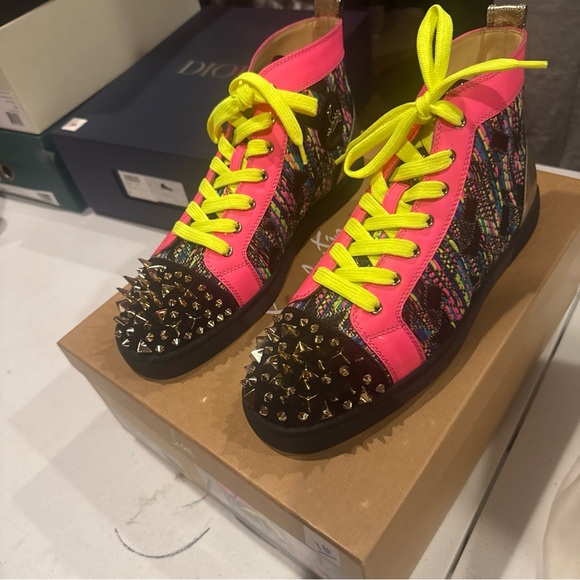 Christian Louboutin Neon Pink and Black Spiked Sneakers - Picture 3 of 6